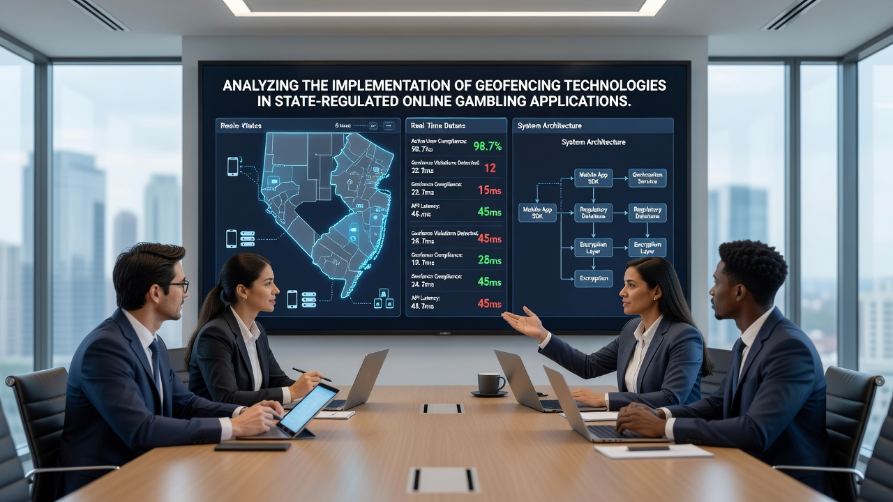 Technical diagram of geofencing layers integrated with gambling app servers and regulatory dashboards