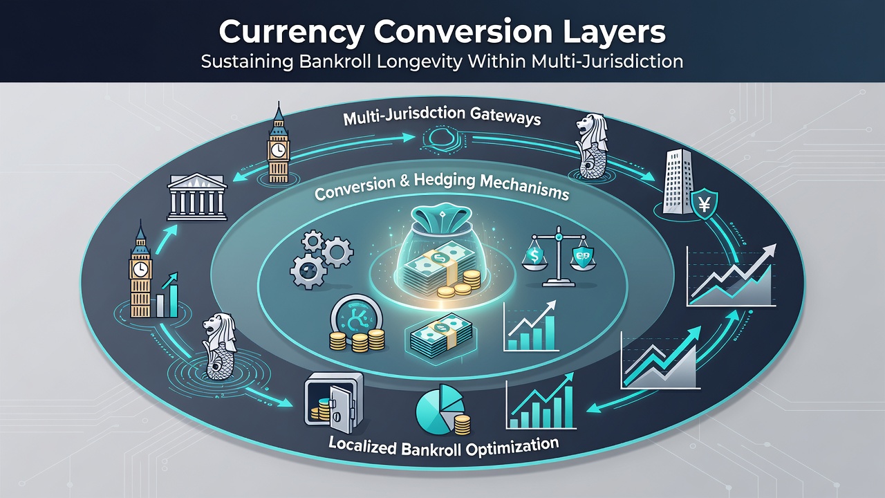 Diagram depicting bankroll stability metrics across multi-jurisdictional blackjack networks with currency layer integrations