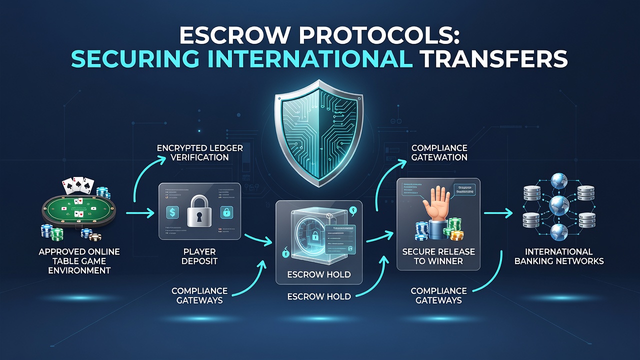 Diagram showing escrow workflow for international transfers between global online table game platforms