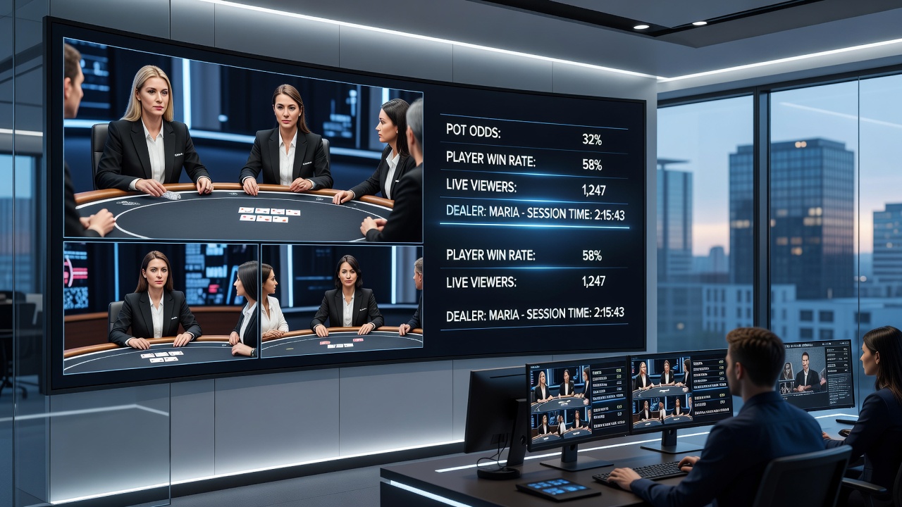 Close-up of poker interface showing synchronized live dealer feed and statistical overlays on a licensed European platform