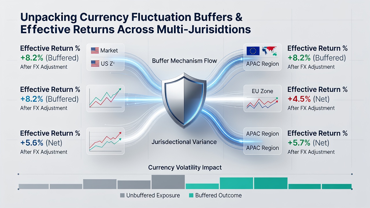 Analytics dashboard displaying currency buffer adjustments and return percentage metrics across jurisdictions