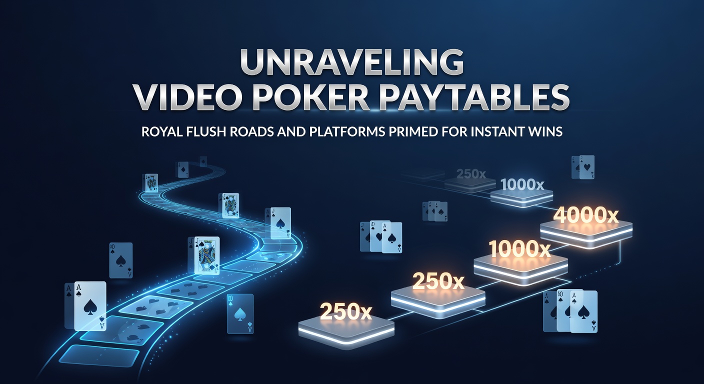 Close-up of a video poker screen displaying a royal flush payout, with coins cascading and paytable highlighted