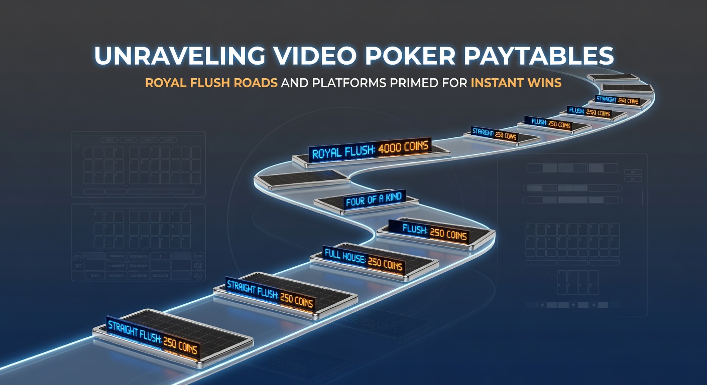 Digital video poker interface on a mobile device showing multiple paytable options and a near-royal flush hand in progress